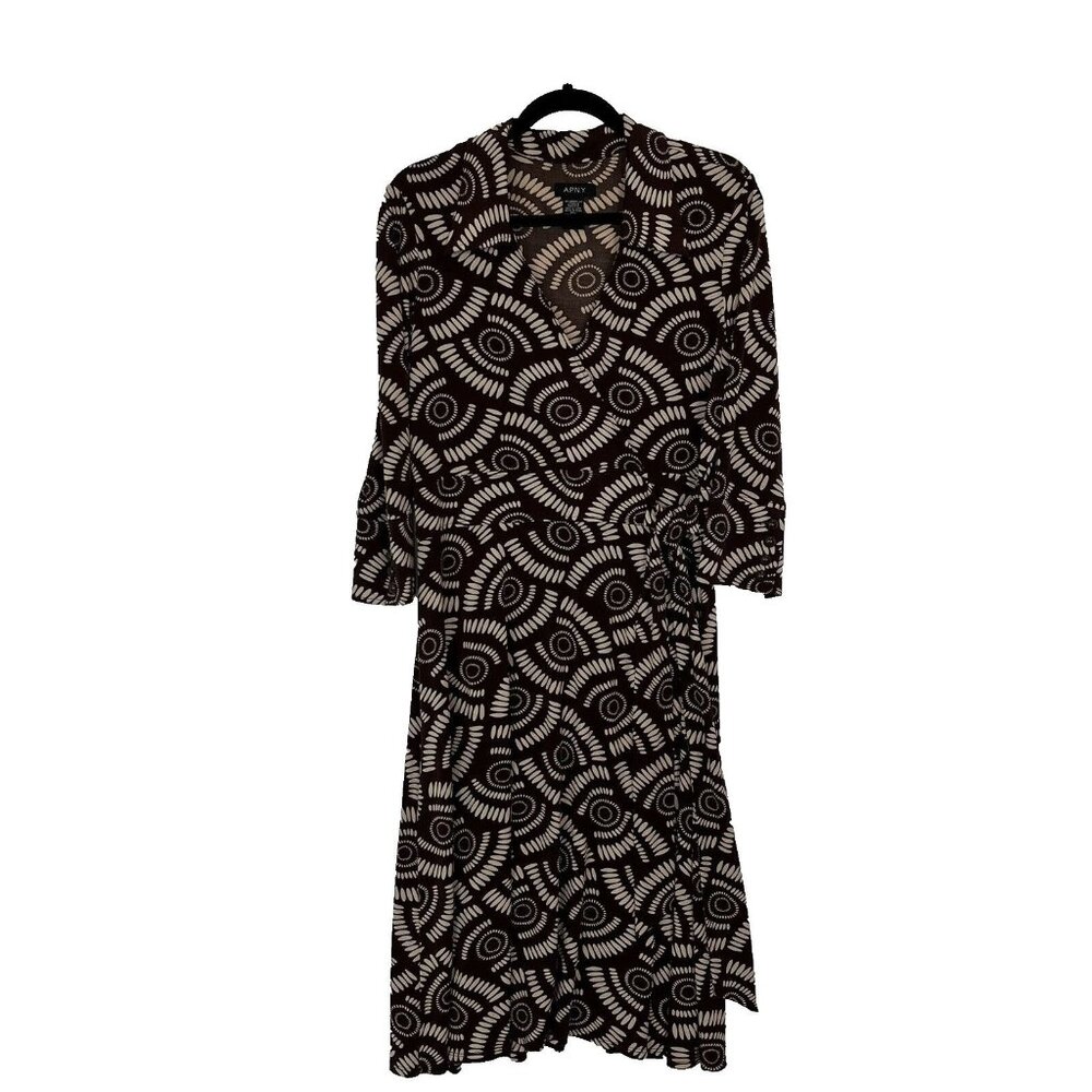 APNY Women's Retro Mod Geometric Faux Wrap Flowy Stretch Dress Size L Brown